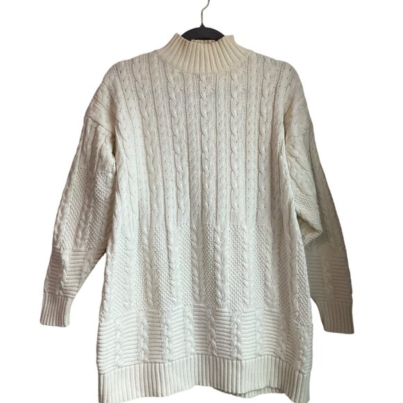 VTG Liz Claiborne Large Beige All over Cable Knit Fisherman Sweater Chunky - Picture 2 of 9